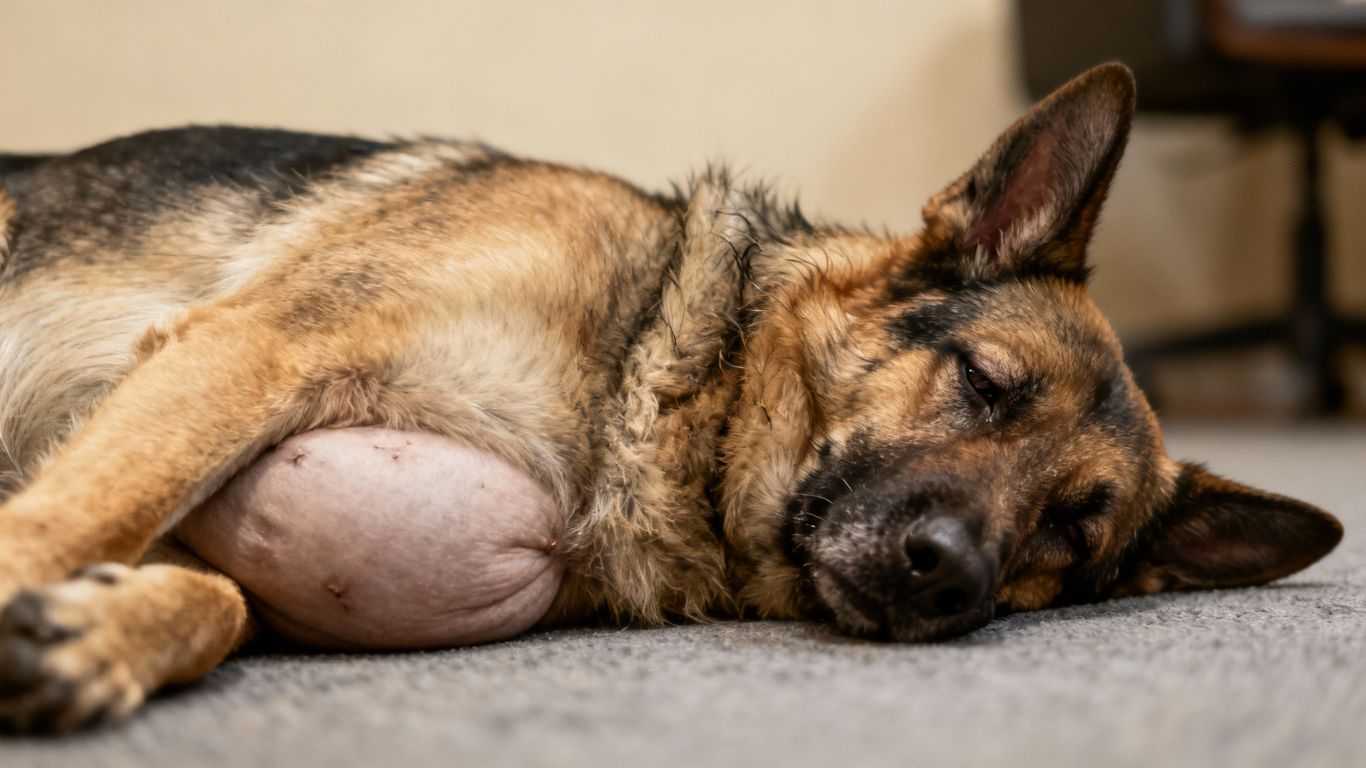 Hond met opgezwollen buik ligt op zijn zij.